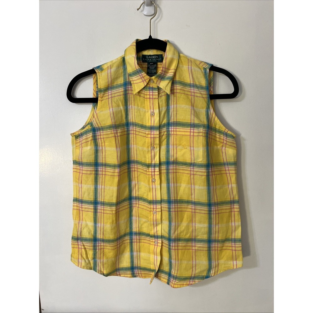 Vintage Lauren Ralph Lauren Preppy Yellow Plaid Sleeveless Shirt Linen Size MP